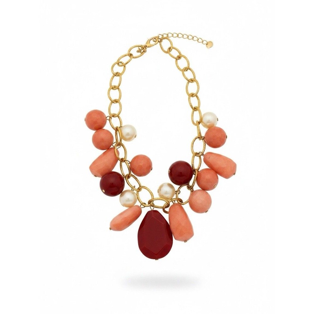 Erica Lyons Gold Necklace with Peach, Burgundy & Faux Pearls JJ397 NWT